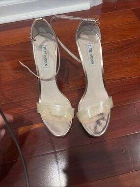 Steve Madden Metallic Rose Gold Clear-Band Ankle-Strap Heels
